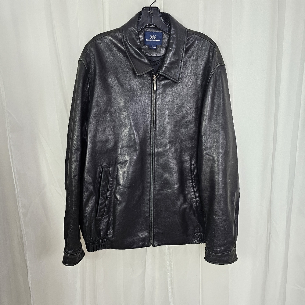 346 Brooks Brothers Men's HarringtonClassic Black Leather Jacket Zip Front Large